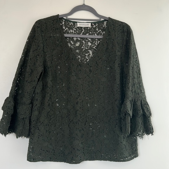 Rosemunde Copenhagen Olive Green Sheer Lace Ruffle 3/4 Sleeve Top 38/M E… - Picture 1 of 7